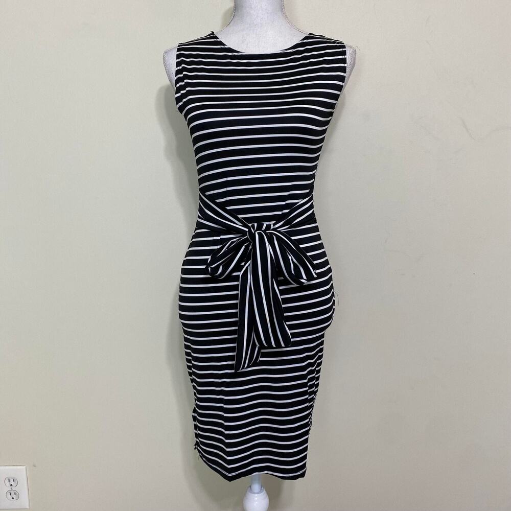 Women's Casual Summer Tie-Back Crewneck‎ Dress- Small -Black & White Striped